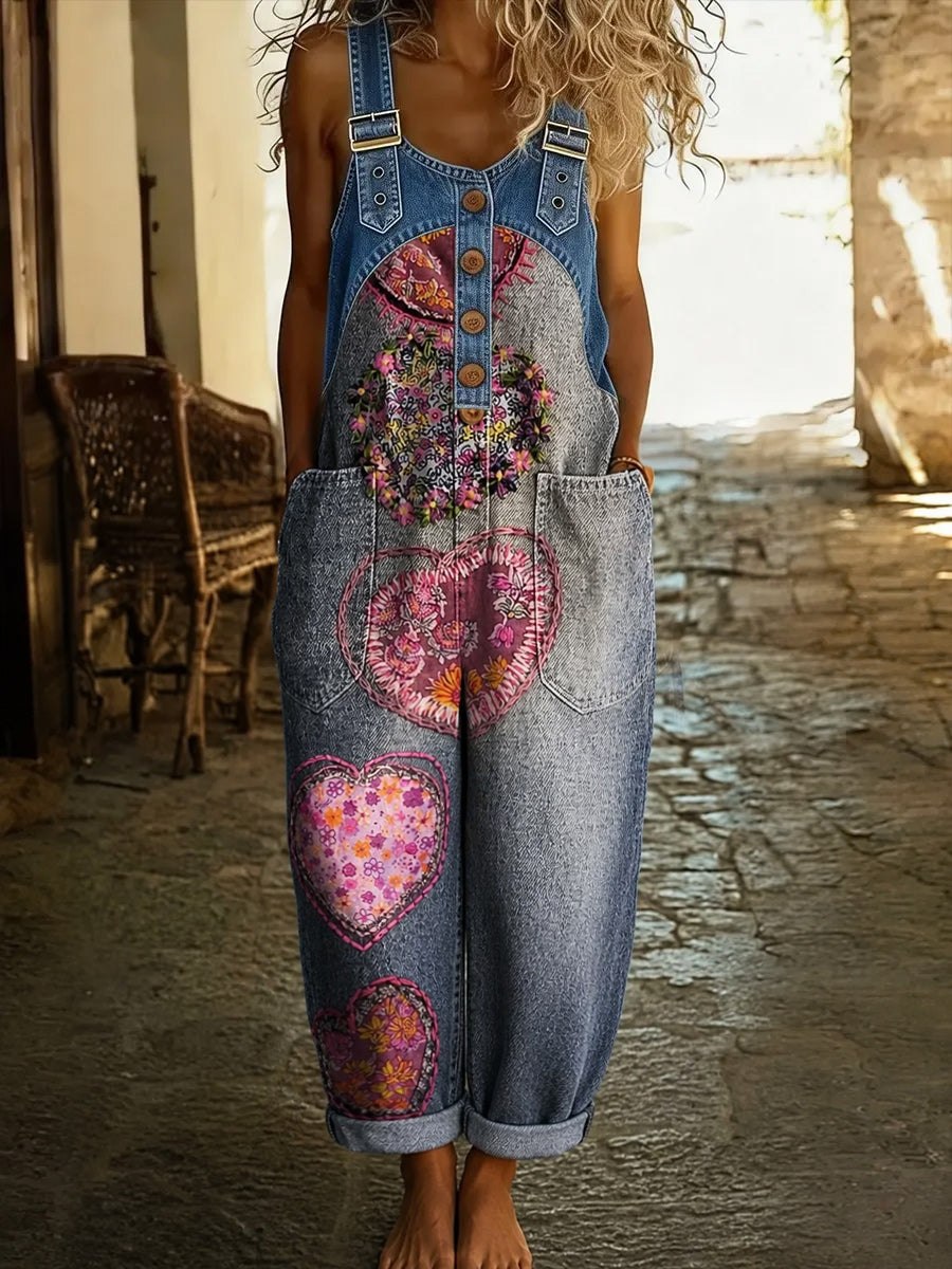 Women's Retro Style Art Print Washed Cotton Denim Patchwork Jumpsuit